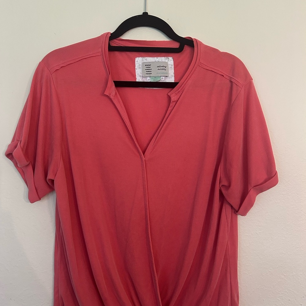Orange and Pink Relaxed Blouse with Plunge V-Neck and Short Sleeves